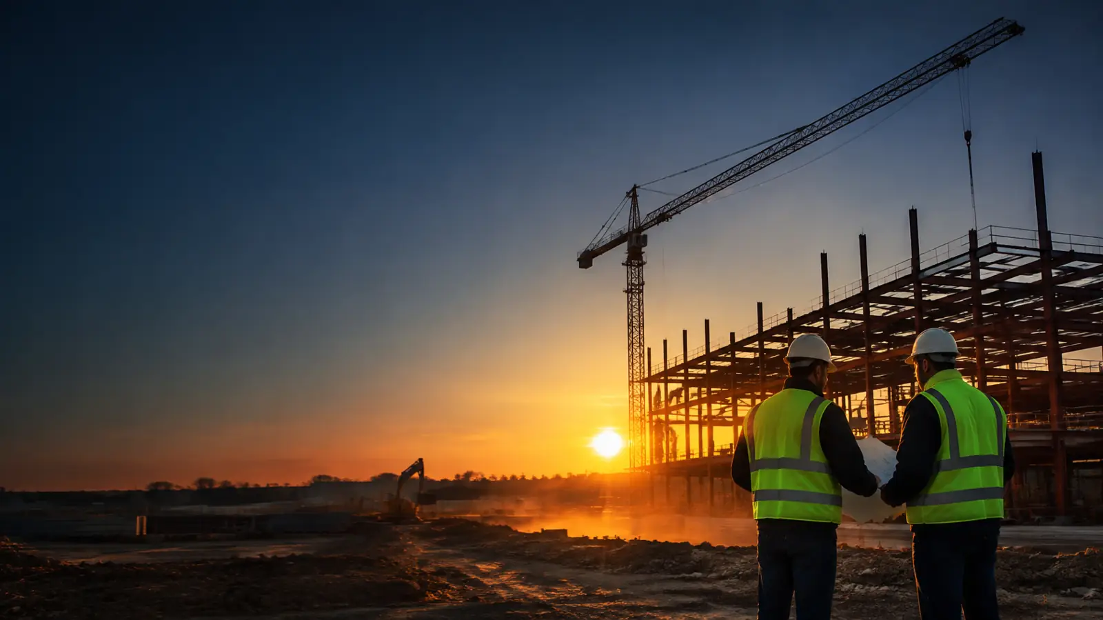 Construction workers in hi-vis vests on a building site at dusk with cranes behind them