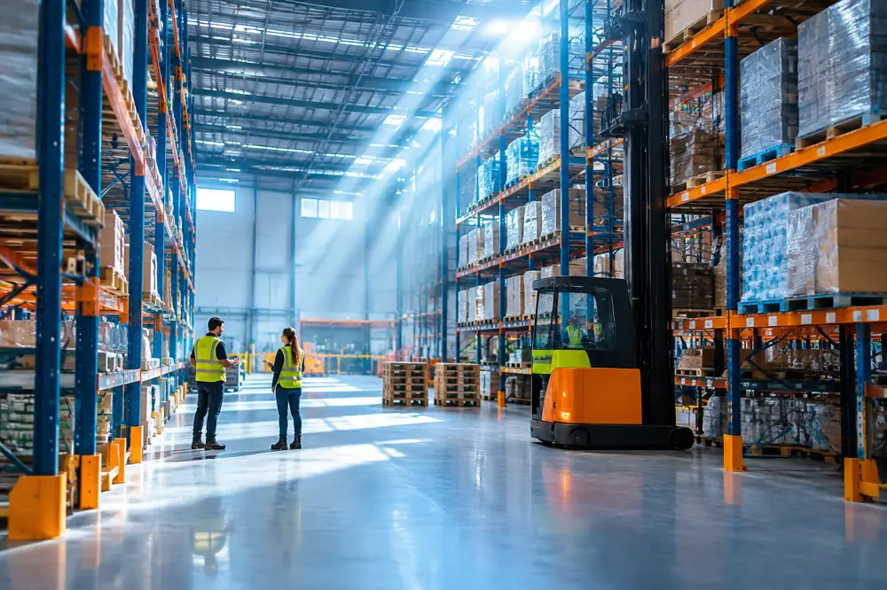 Two workers in hi-vis vests walking through a large warehouse with tall shelving and sunlight through the roof